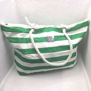 B&C Tote Bag Large Green White Striped Rope Handle Nautical Beach Travel Resort